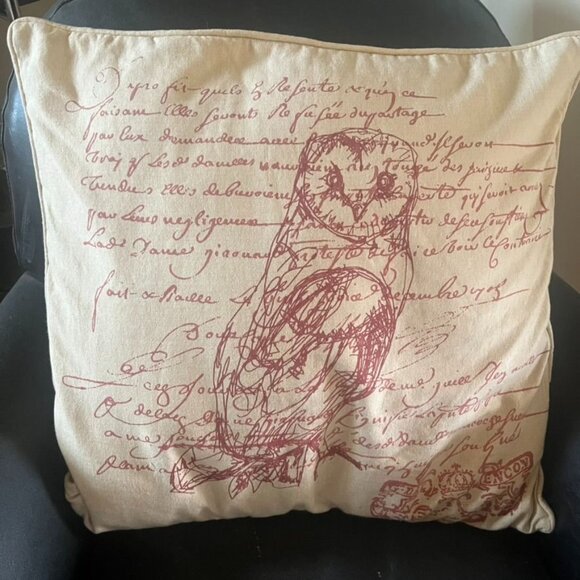 Newport Owl & Pheasant Linen Pillow Covers Set Of 2 20x20" French Script - Picture 3 of 4